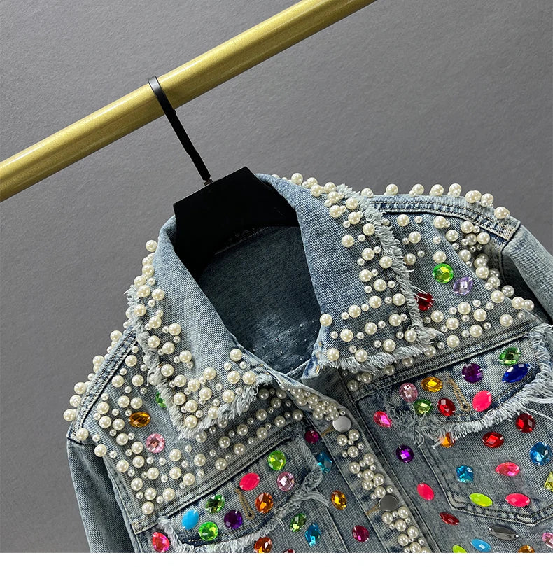 Rhinestone Studded Beaded Denim Lapel Jacket For Women