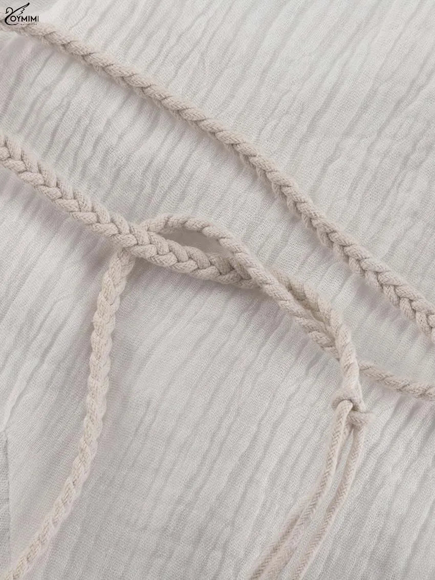 Oymimi Elegant Beige Cotton Womens Dresses Fashion V-Neck Long Sleeve Lace-Up Dresses Casual Loose Pleated Mini Dress Streetwear