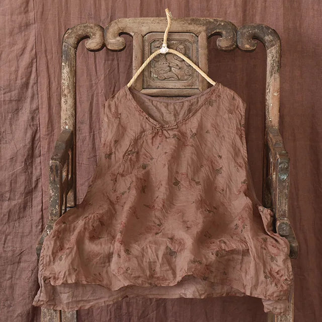 Casual Linen Tank Top With Vintage Floral Print for Women