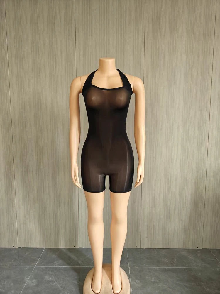 Glossy Stretch Sleeveless One Piece Short Romper for Women