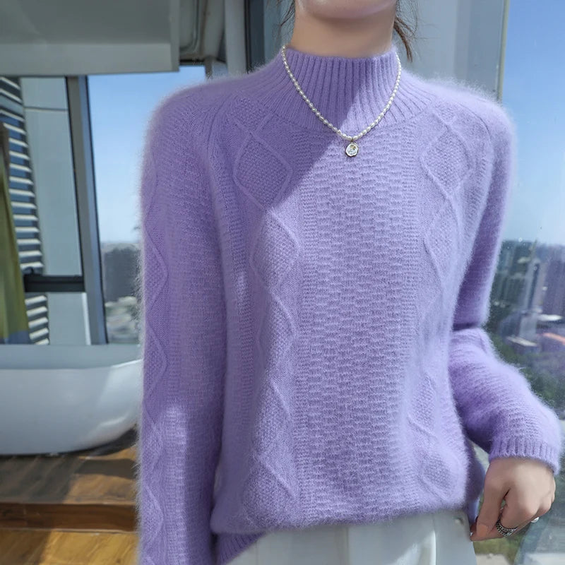 Floral Jacquard Long Sleeve High Neck Knit Sweater for Women