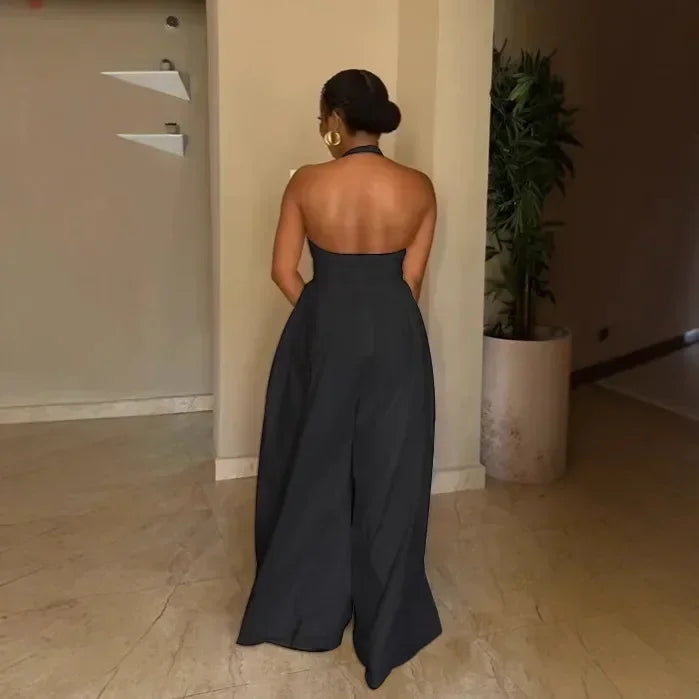 Elegant V-Neck Halter Solid Wide-Leg Jumpsuit for Women