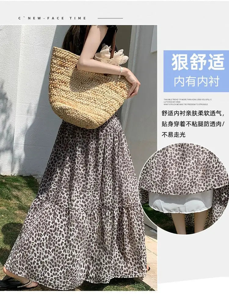 Vintage Leopard Print Tiered Maxi Skirt For Women