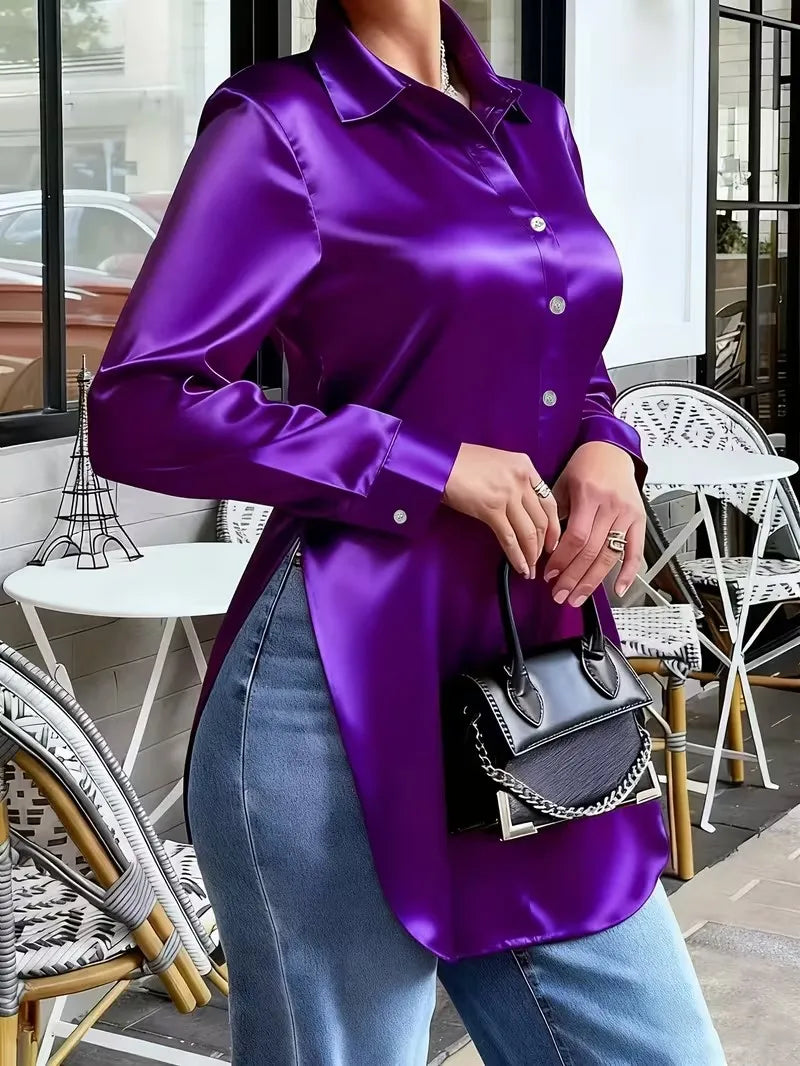 Elegant Long Sleeve Satin Button Down Blouse for Women