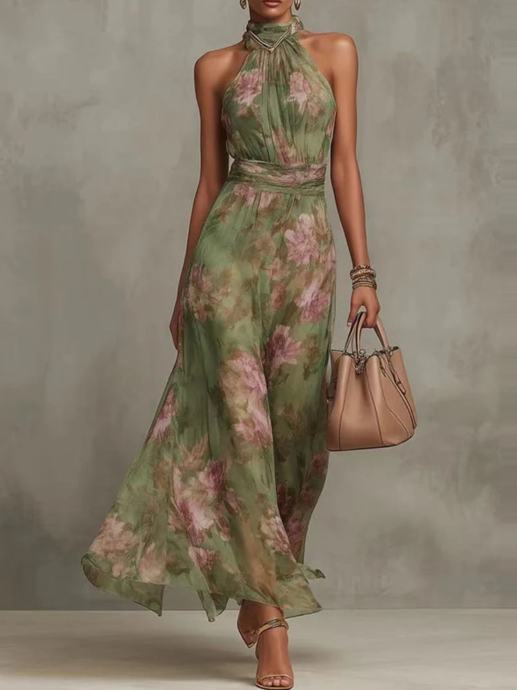Floral Print Off Shoulder Chiffon Maxi Dress for Women