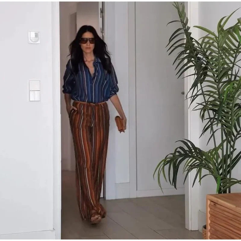 Geometric Printed Wide Leg Loose Pants Set for Women