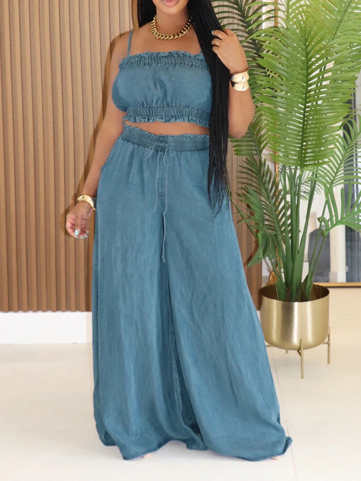 Ruched Spaghetti Strap Denim Two Piece Set for Women