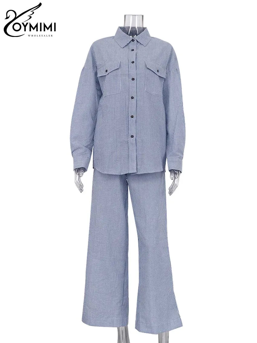 Oymimi Casual Dark Blue Print Women's Two Pieces Set Elegant Long Sleeve Button Shirt And Low Waist Straight Trousers Female Set