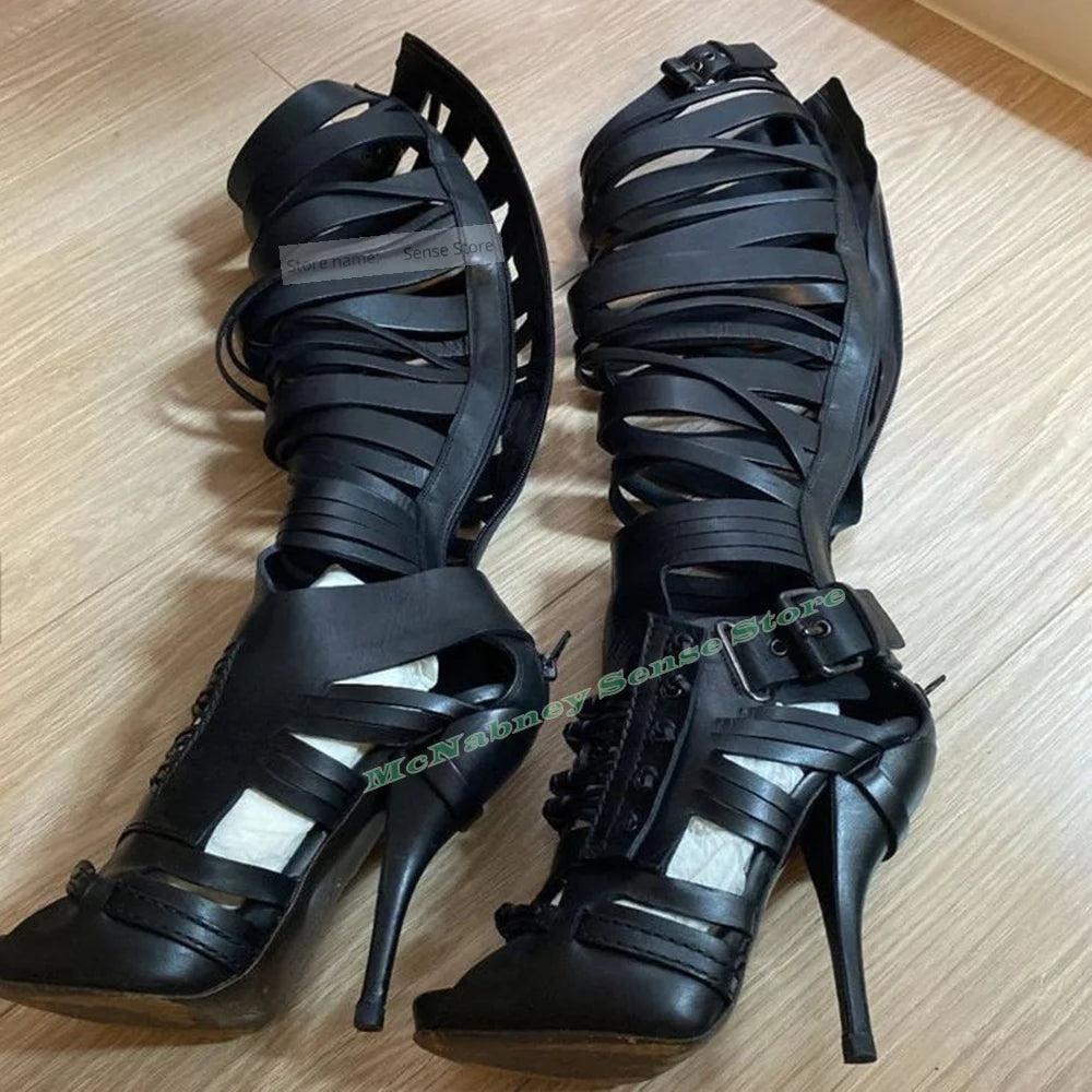 Open Toe Zippered Leather Stiletto Knee High Sandals For Women