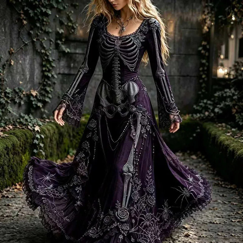 Skeleton Print Lace Flare Sleeve Maxi Dress for Women
