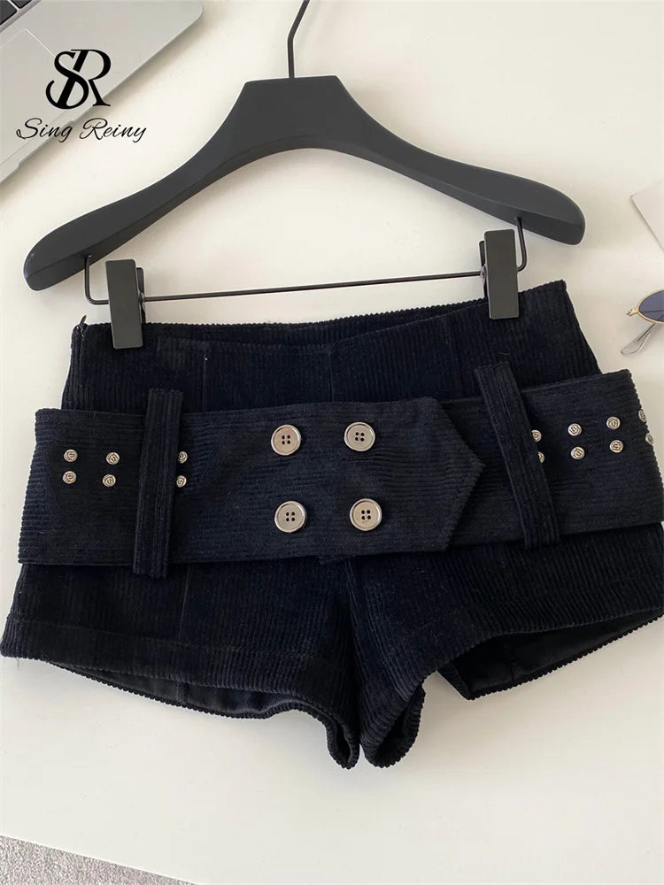 Retro Corduroy Button Detail Low Waist Shorts for Women