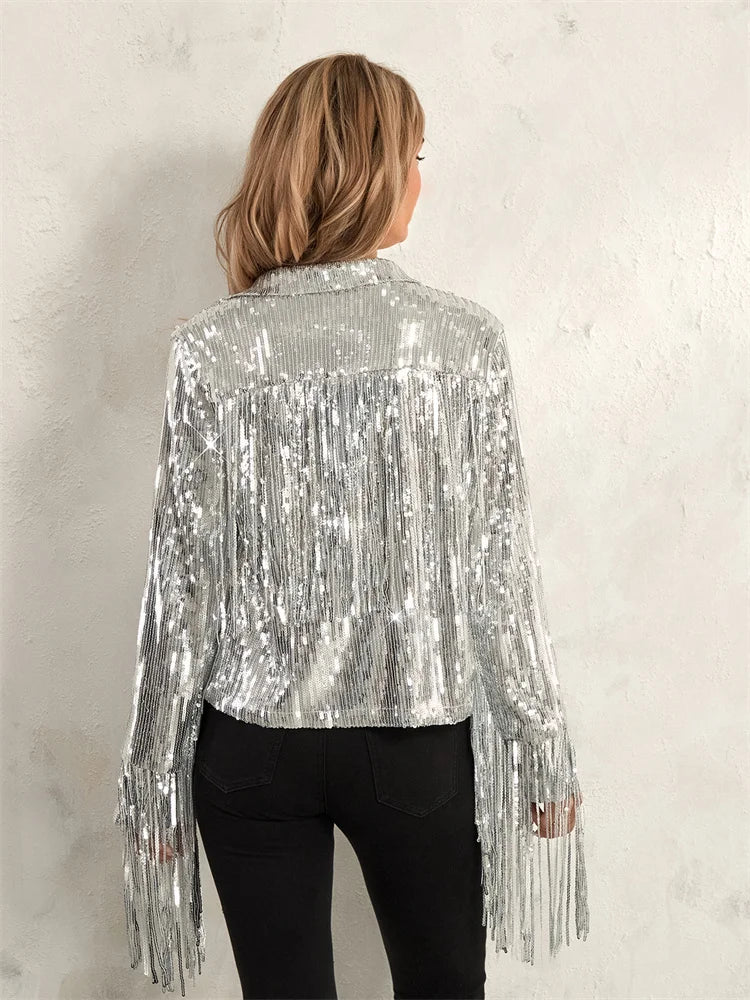 Glam Eighties Inspired Sequin Tassel Lapel Open Front Jacket for Women