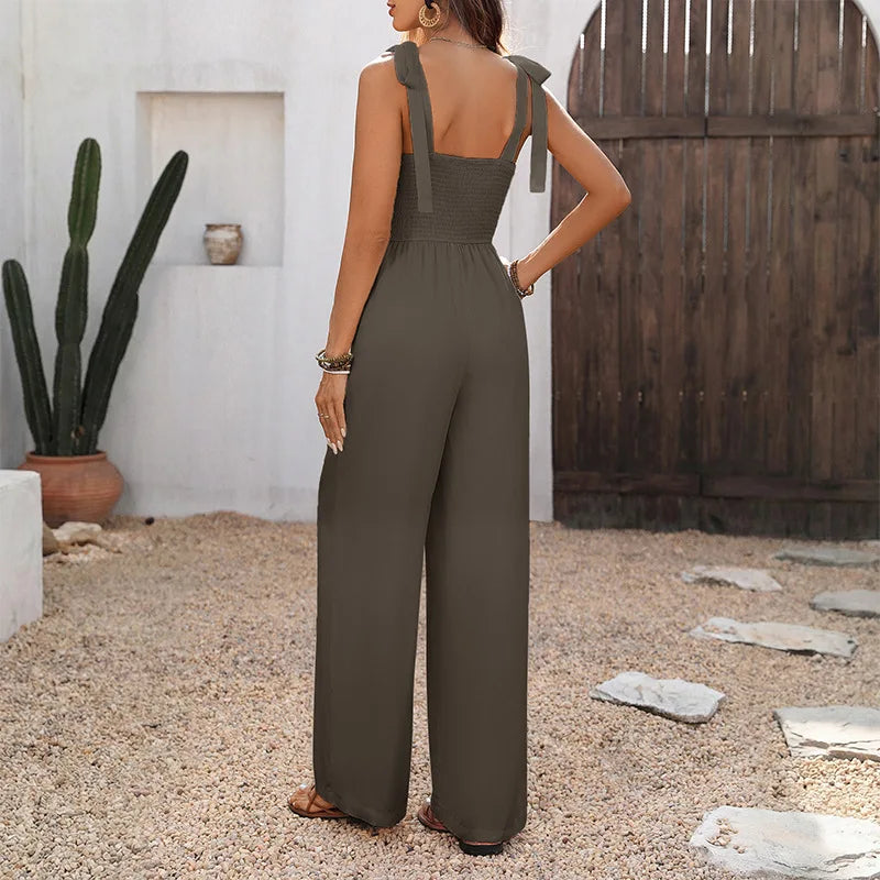 Boho Striped Knit Tie Shoulder Square Neck Jumpsuit for Women