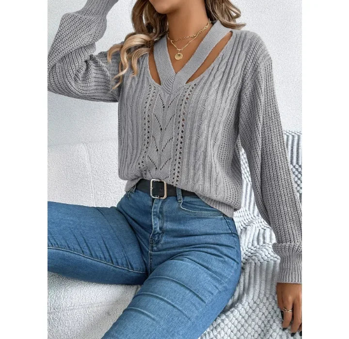 Casual Sweater Women Streetwear Hollow V-neck Elegant Lantern Sleeve Head Tops 2024 Autumn/Winter New Long Sleeved T-shirt Y2k