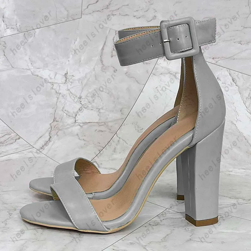 Elegant Green Square Toe Buckle Strap Heeled Sandals For Women