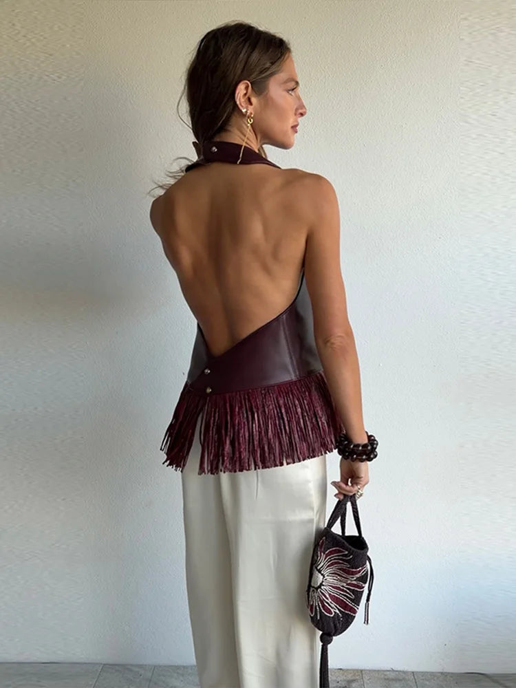 Faux Leather Patchwork Fringe Halter Top for Women