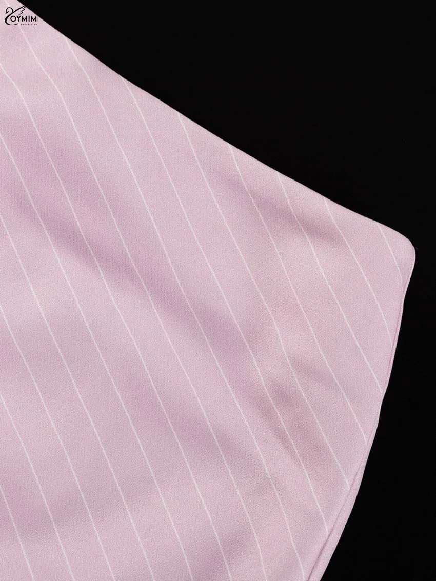 Oymimi Casual Pink 2 Piece Sets Woman Outfits Fashion V-Neck Lace-Up Long Sleeve Blouses And High Waist Slim Mini Skirts Sets