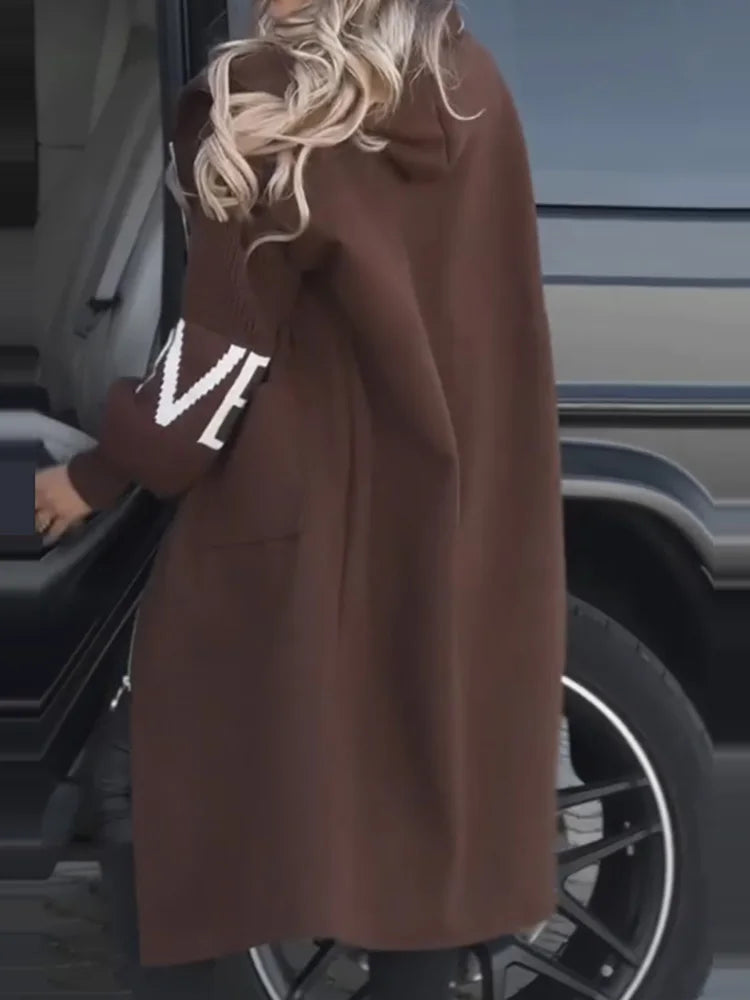 New Hooded Long Sleeve Cardigan Coat, Women Autumn Winter Simple Patchwork Zipper Jackets, Casual Lace-Up Fashion Maxi Outerwear