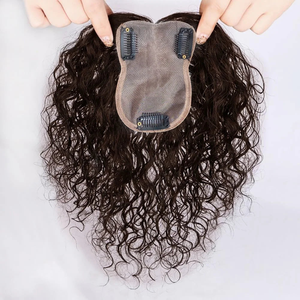 Middle Part Curly Human Hair Topper Clip in Silk Base Wiglet Hairpiece Forehead Hairline Replacement 8x10cm