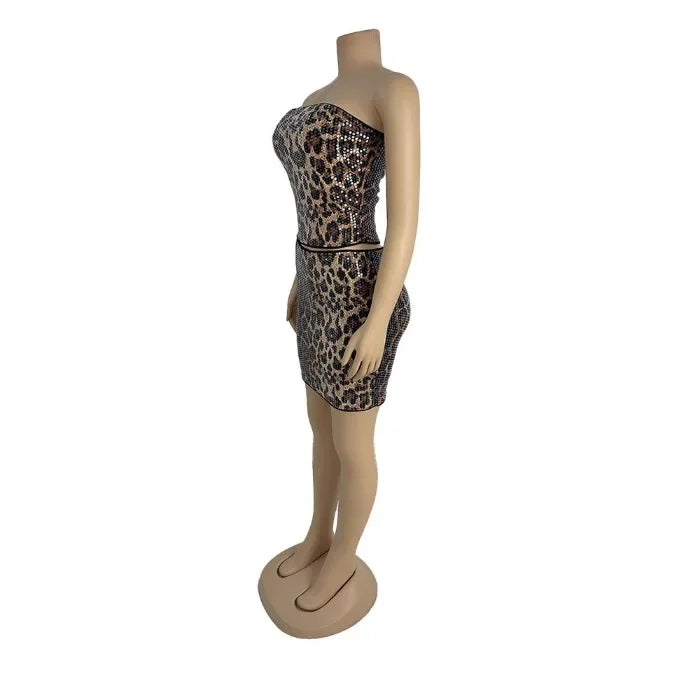 Short Dresses Woman Summer 2025 New Streetwear Fashionable and Versatile Shiny Sequin Half Skirt Leopard Print Dress Female