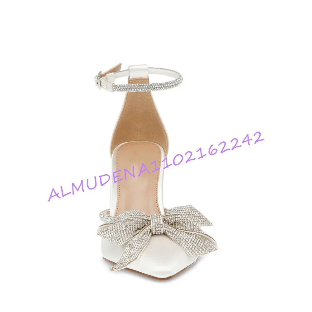 Satin Rhinestone Bow Pointed Toe Bridal Heels for Women