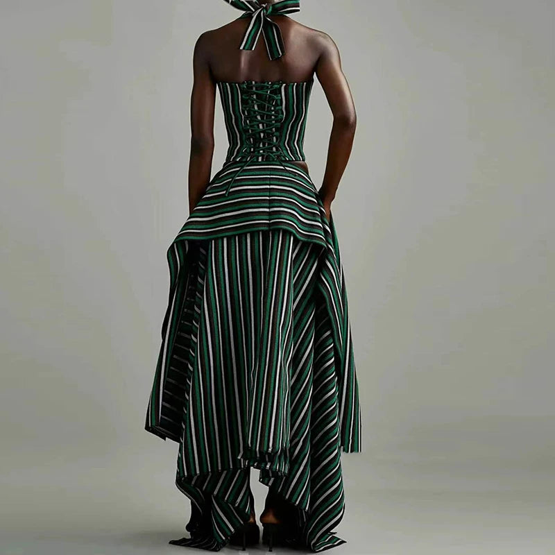 Striped Vacation Halter Backless Top and Half Skirt Set for Women