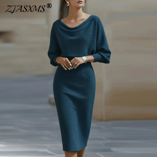 Office Lady Solid High Waist Slim Hips Dress 2026 Spring Sexy O Neck Zipper Slit Party Dresses Autumn Batwing Sleeve Woman Dress