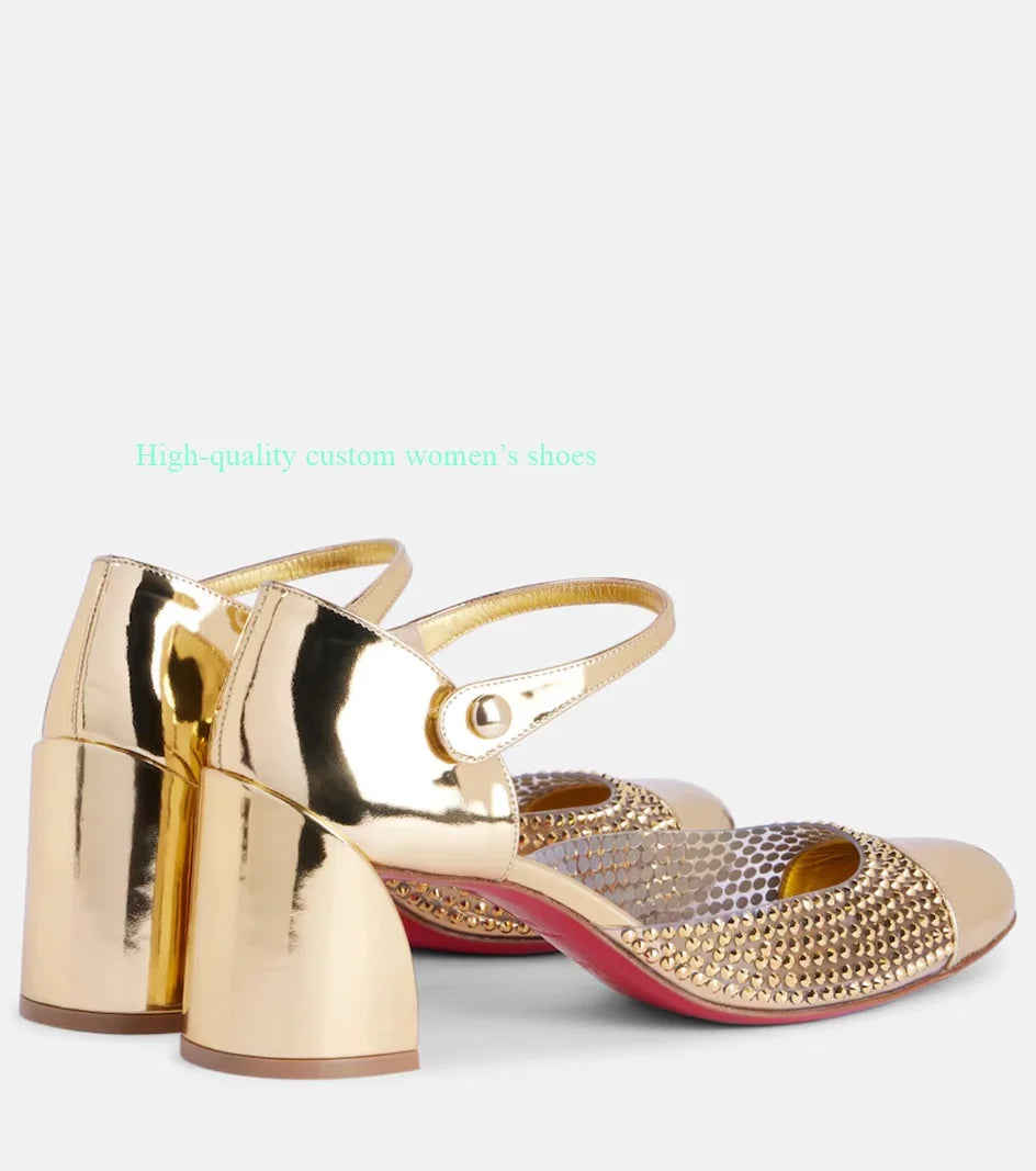 Elegant Gold Round Rhinestones Color-Blocked Sandals for Women