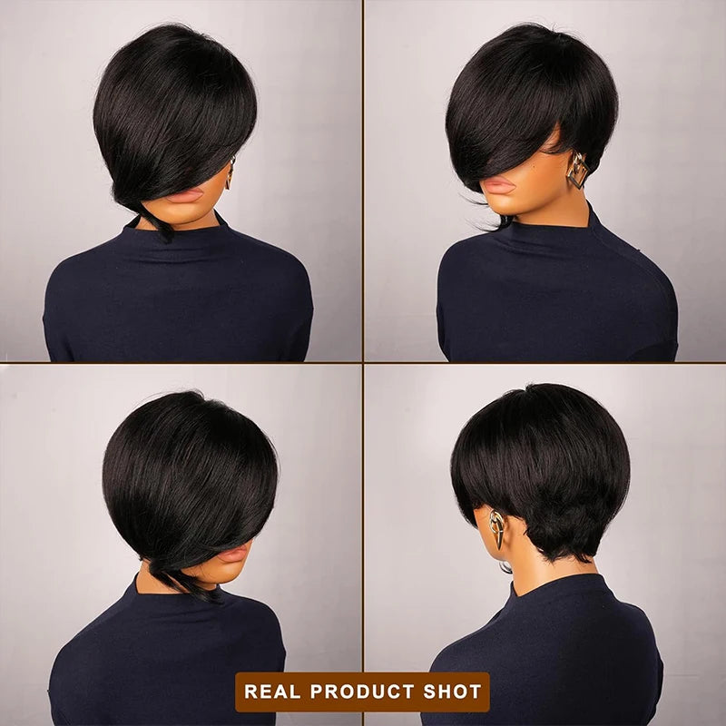 Short Pixie Cut Human Hair Wig With Bangs for Women