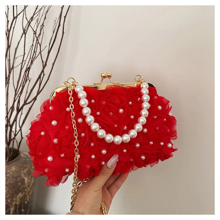 Pearl Floral Chain Evening Crossbody Bag