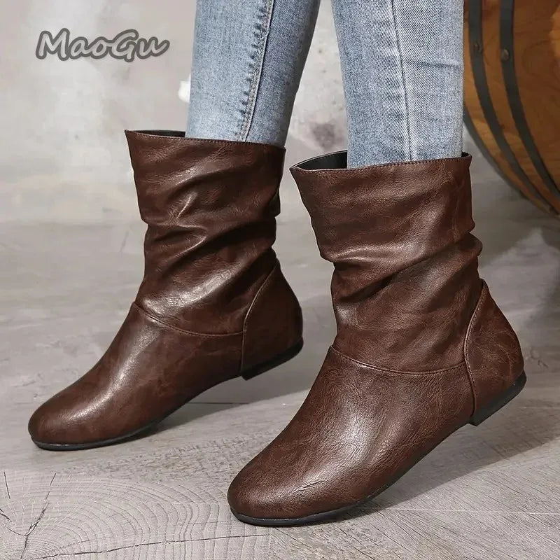 Modern Pleated Leather Square Heel Boots For Women