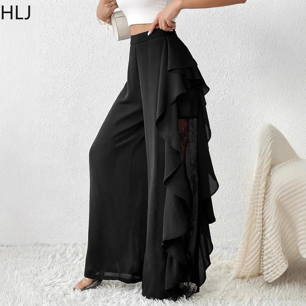 High Waisted Mesh Patchwork Wide Leg Pants for Women