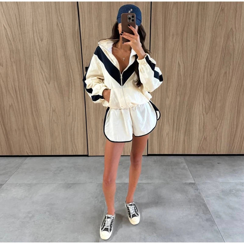 Color Block Zip Jacket and Shorts Tracksuit for Women