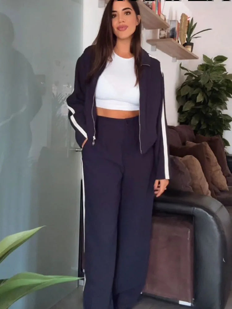 Lapel Long Sleeve Zipper Sports Jacket Two Piece Wide Leg Pants Set for Women