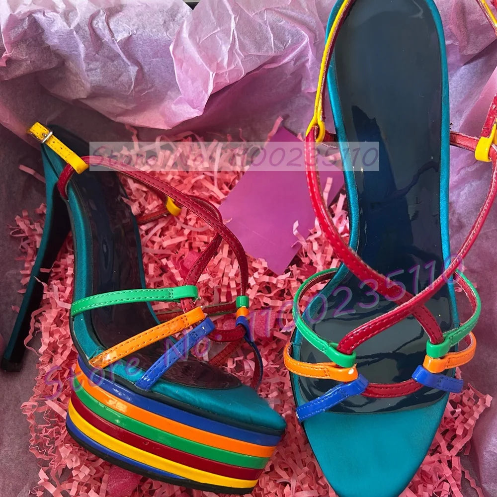Colorful Striped Ankle Strap Platform Sandals For Women