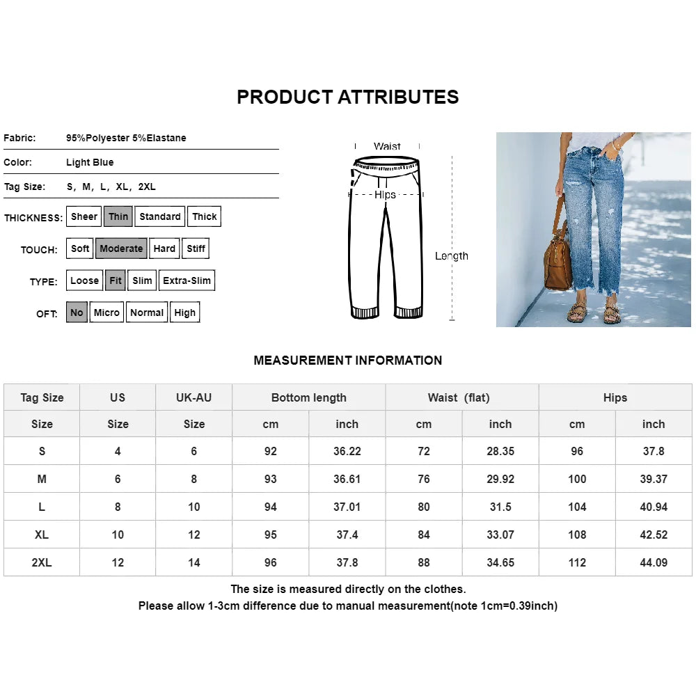High Waist Ripped Denim Women Trousers Fashion Pants Casual Slim Cropped Straight Jeans Female Clothing S M L XL XXL