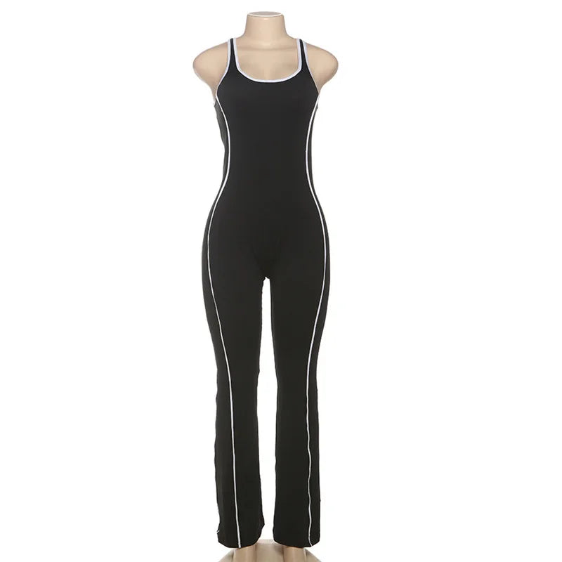 FAGADOER Fashion Striped Patchwork Bodycon Jumpsuits Women Sleeveless Backless Hollow Out Rompers Female Streetwear Overall New