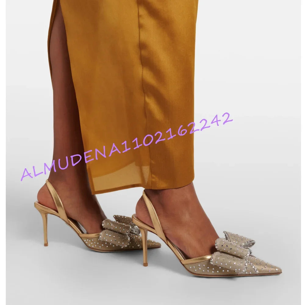 Rhinestone Bow Pointed Slingback Stiletto Heels for Women