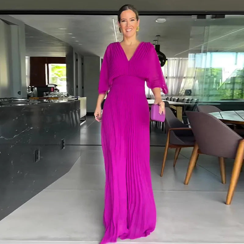 Solid Color V-Neck Bat-Sleeve High-Waisted Dress for Women