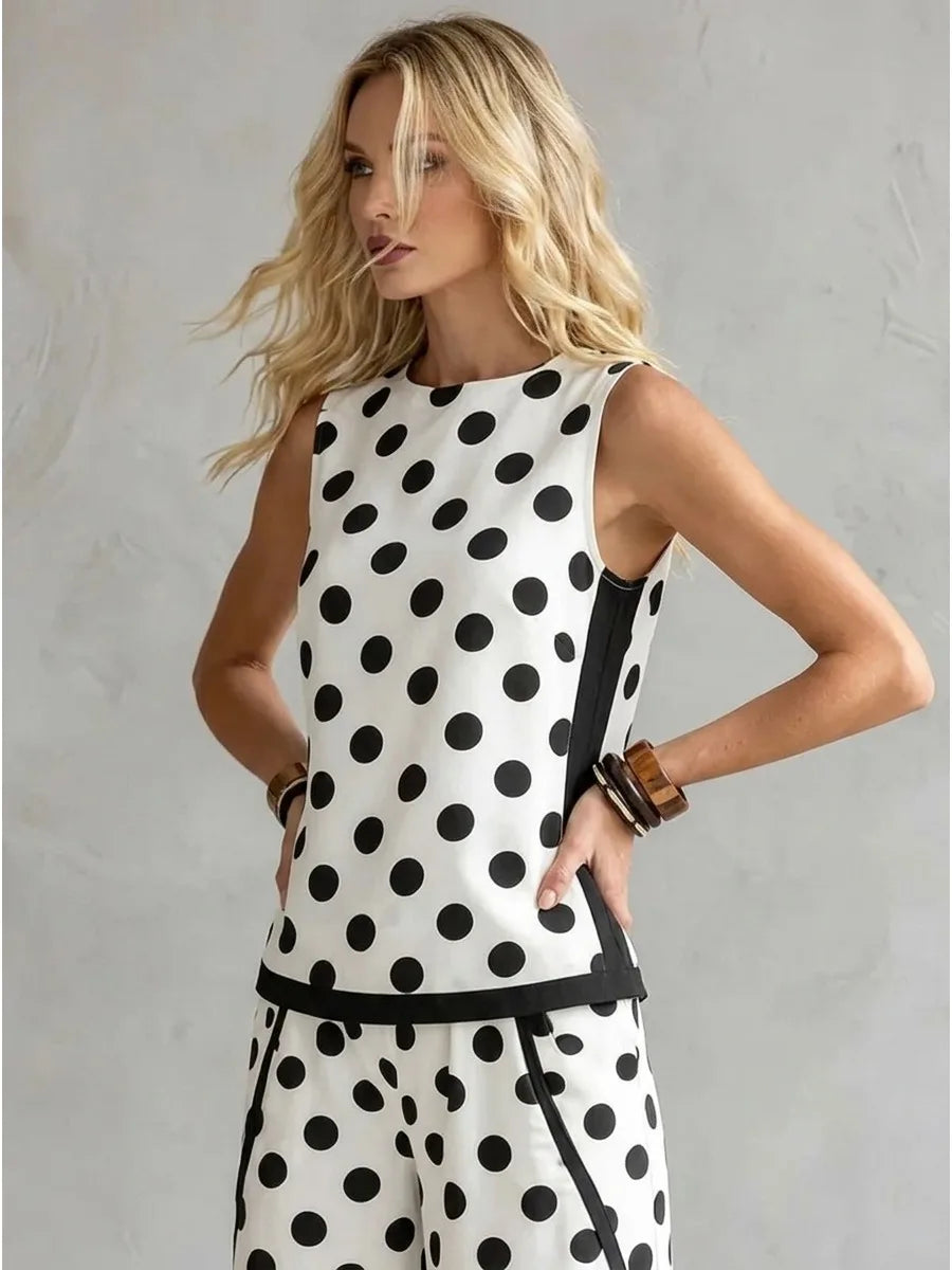 Bonboho Women Black White Polka Dot Sleeveless Tank Top Round Neck Contrast Trim T-shirt Casual Summer Sleeveless Vest Top