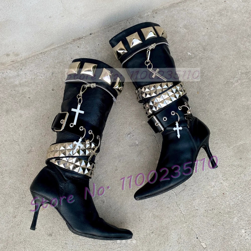 Black Pointed Toe Thin Heel Knee High Boots For Women
