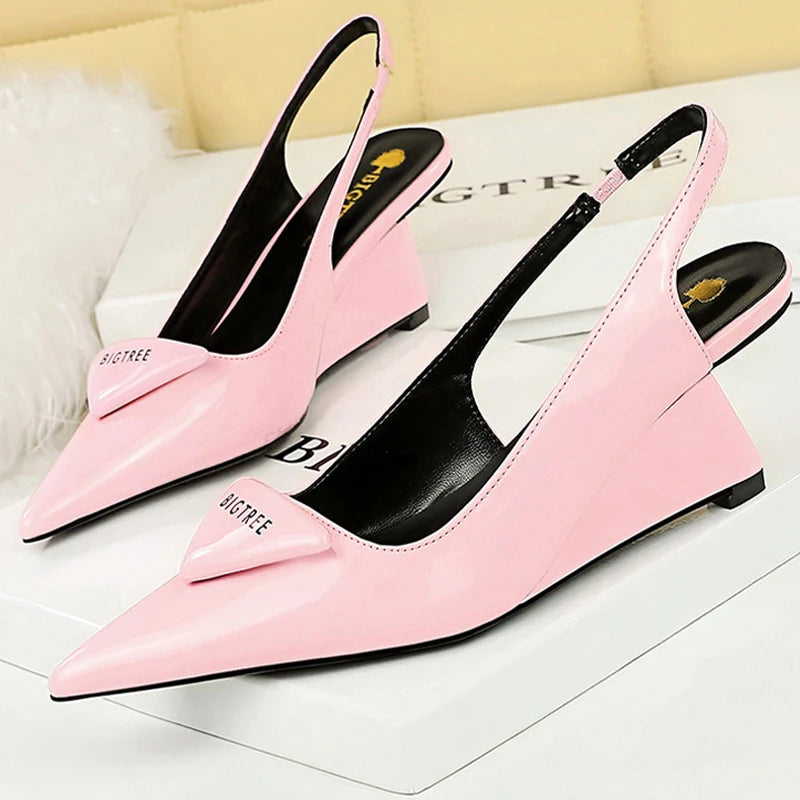 Patent Leather Wedge Heel Pumps With Back Strap for Women