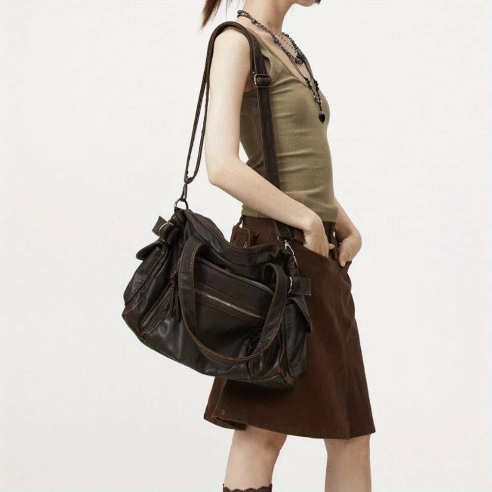 Y2K Punk Soft Faux Leather Multi Pocket Shoulder Bag for Women