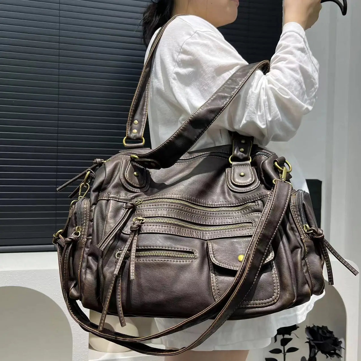 Washed Leather Look Crossbody Bag