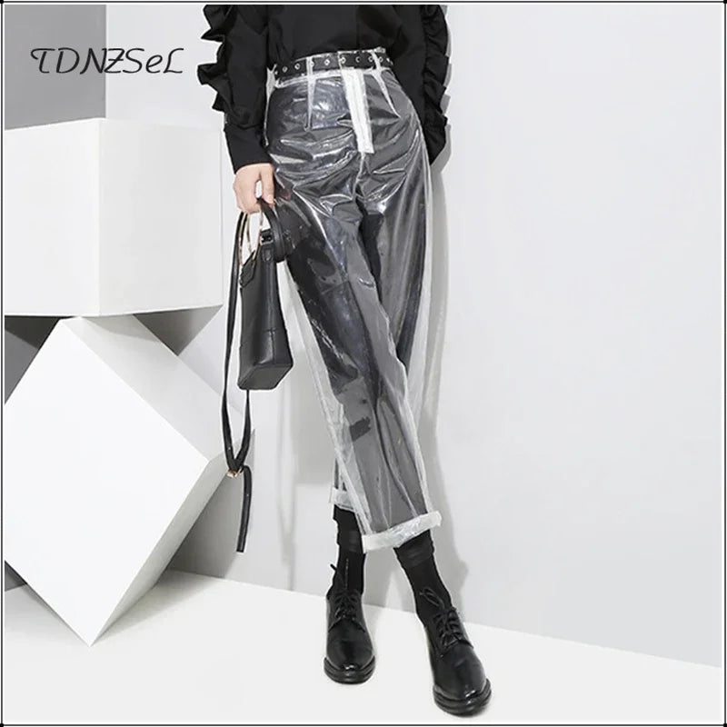 Transparent Loose PVC Straight Pants With Elastic Waist For Women