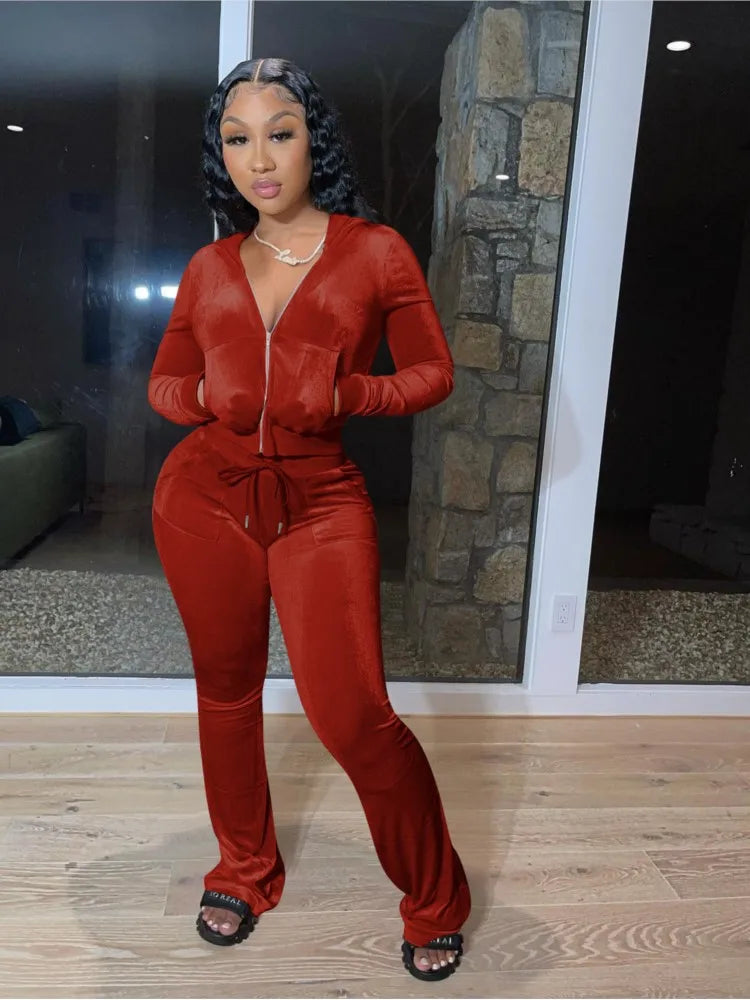 Hooded Zip Top And High Waist Pants Outfit Set for Women