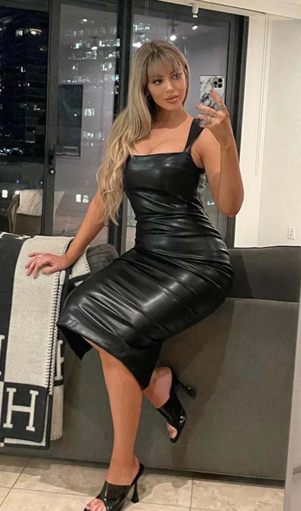 Black Matte Leather Spaghetti Strap Midi Bodycon Dress for Women
