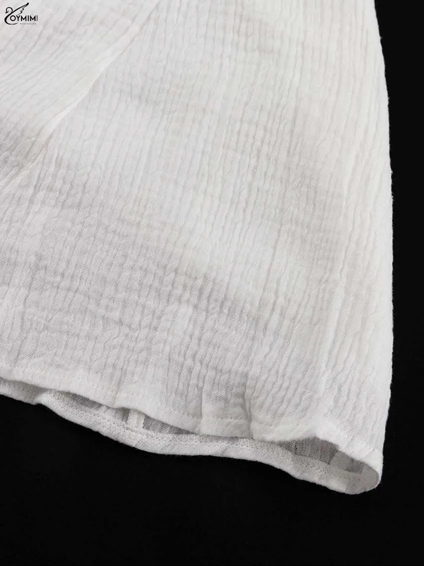 Oymimi Elegant Beige Cotton Womens Dresses Fashion V-Neck Long Sleeve Lace-Up Dresses Casual Loose Pleated Mini Dress Streetwear