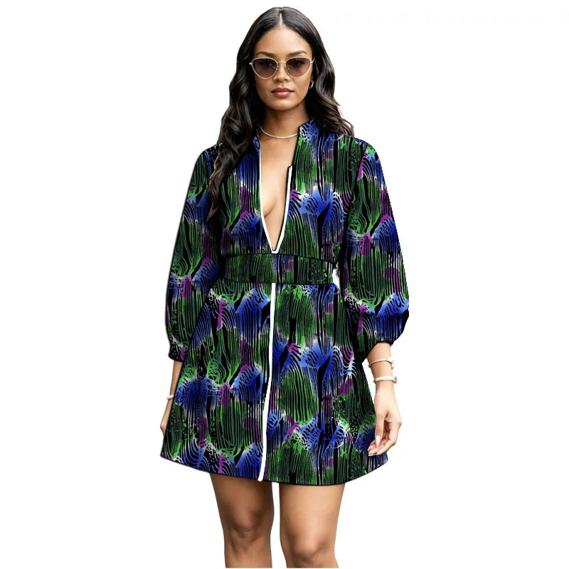 Zipper Belt African Print Loose Bishop Sleeve Dress for Women