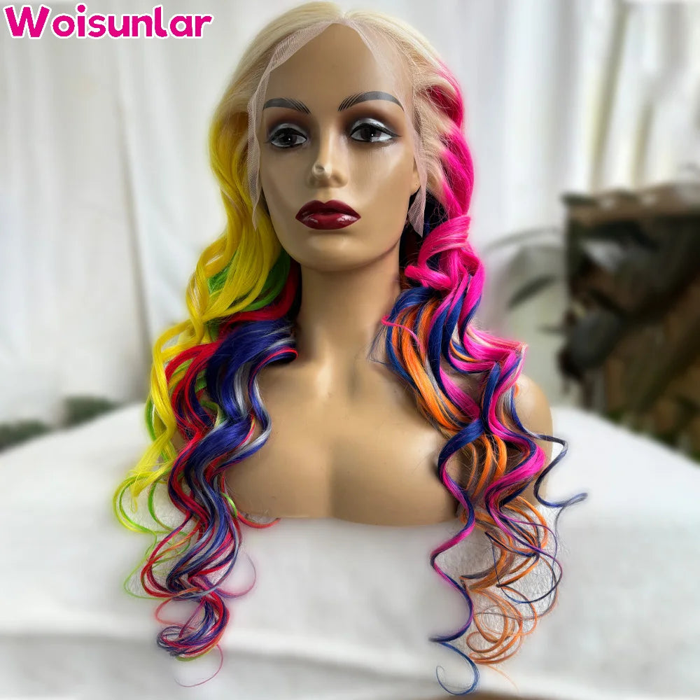 Highlight Colored Green Yellow and Blue Pink Front Wigs Human Hair For Women Body Wave 13x4 Transparent lace Frontal human hair